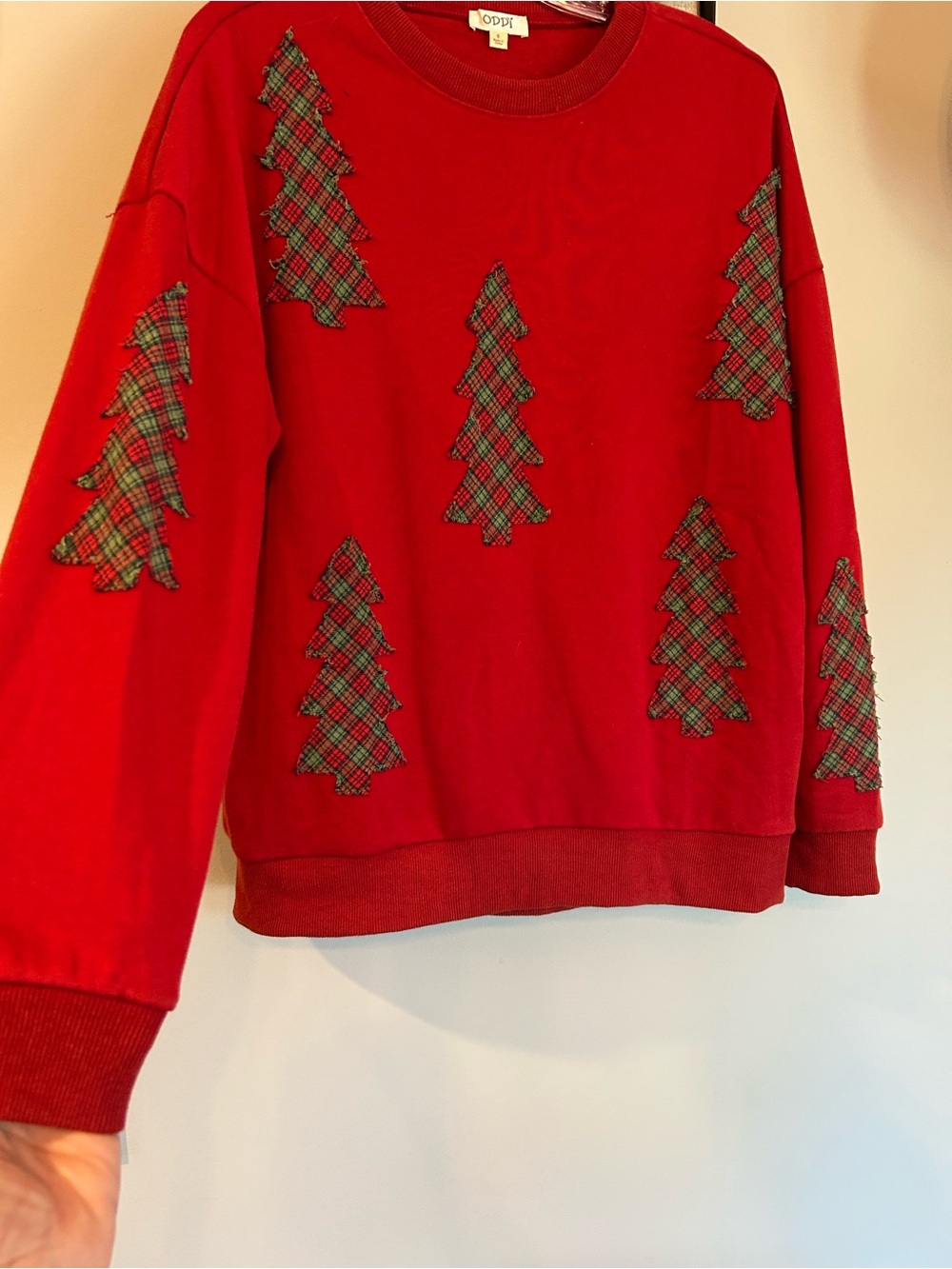 ODDY Red Crewneck Sweater with Plaid Christmas Tree Appliqués